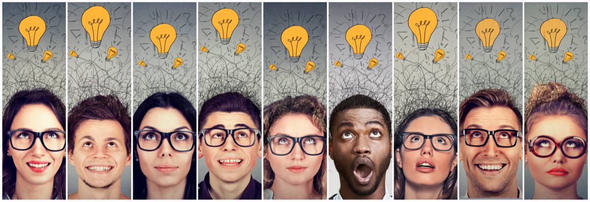 Group of young people men and women with many ideas light bulbs above head looking up.