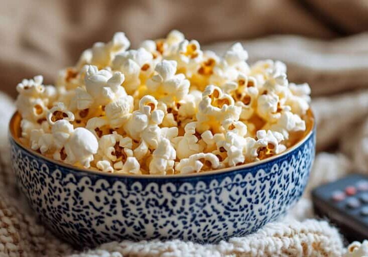 A bowl of popcorn on a cozy blanket with a remote control in the background. A bowl of popcorn on a cozy blanket with a remote control in the background.