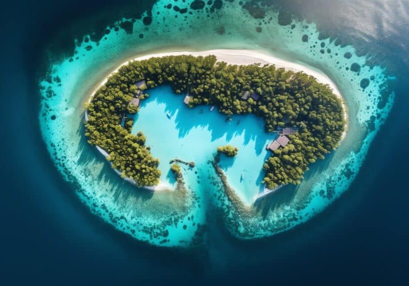 Create a professional photo of a tropical island from an aerial perspective Create a professional photo of a tropical island from an aerial perspective. The island should be surrounded by crystal clear water and have lush green vegetation. The photo should be taken at a high resolution and be suitable for use in marketing materials.